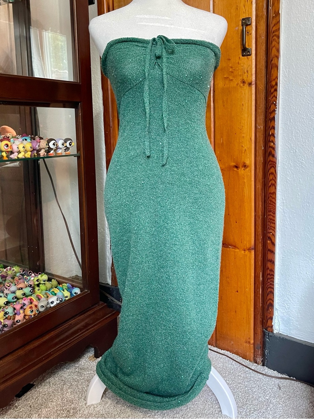 Wild Fable Green Sequin Soft Maxi Dress Halter Tie Bow Detail Size XXS-S